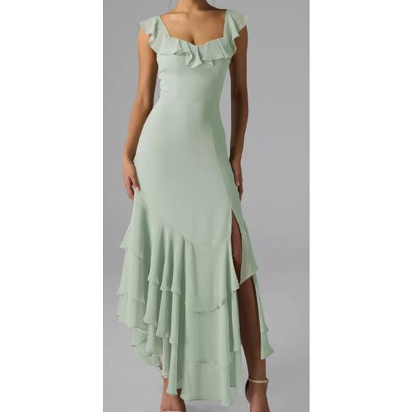 AW BRIDAL Dresses & Skirts - Mint Green Ruffle-Trim Maxi Dress with Side Slit